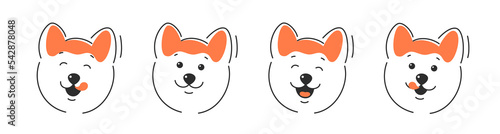 Happy dog face with tongue hanging out, with open and closed mouth. Various dog face. Vector illustration isolated on white background.