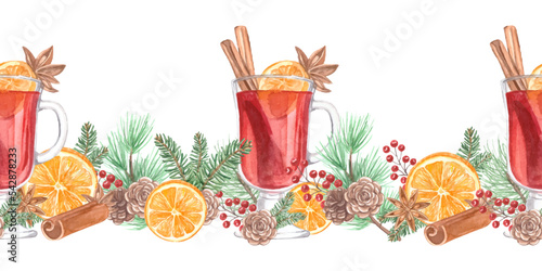 Winter Mulled wine seamless border. Vector illustration