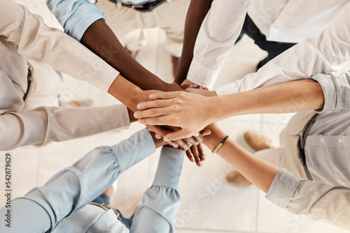 Obraz na plátně Group hands stack, support business team and motivation solidarity together in office with diversity