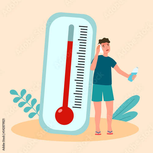 Man suffering from heat and sweaty dehydration holding temperature with strong sunlight in flat design. Hot summer day.