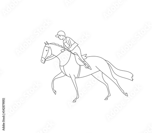 Linear contour of a rider and a horse galloping fast, equestrian eventing
