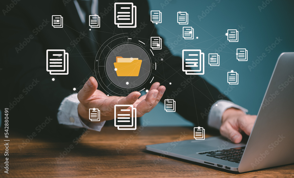 Document management system concept, business man using computer online ...