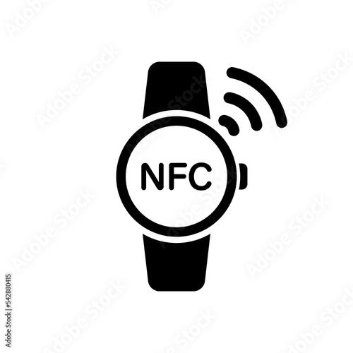 Watch with NFC Technology Silhouette Icon. Wristband Smartwatch Wireless Payment for Purchase Glyph Pictogram. Hand Bracelet RFID Cashless Pay Icon. NFC Smart Watch. Isolated Vector Illustration