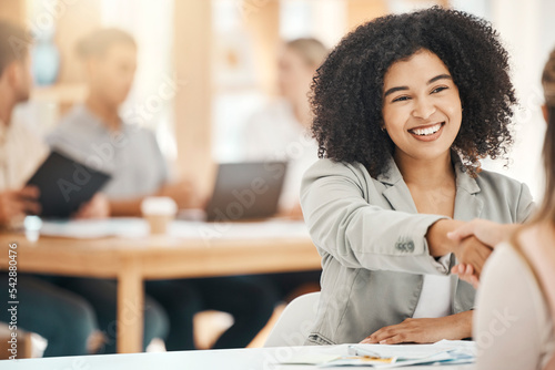 Принти на полотні Business people, handshake and success in office, partnership or contract deal