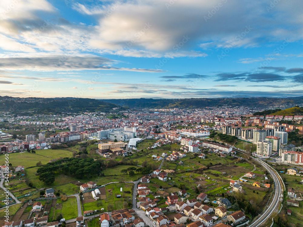 Aerial view of the skyline of the Galician city of Ourense as seen from the outskirts.
