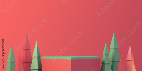 Christmas and newyear product podium mockup display background with chirstmas tree and ribbon,3D render background