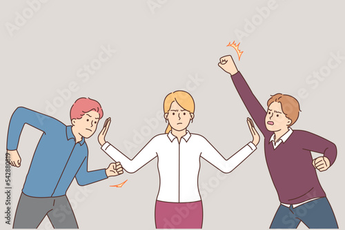 Woman stop aggressive men before fight 