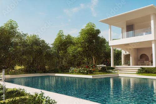 Modern luxurious villa with pool in beautiful summer garden