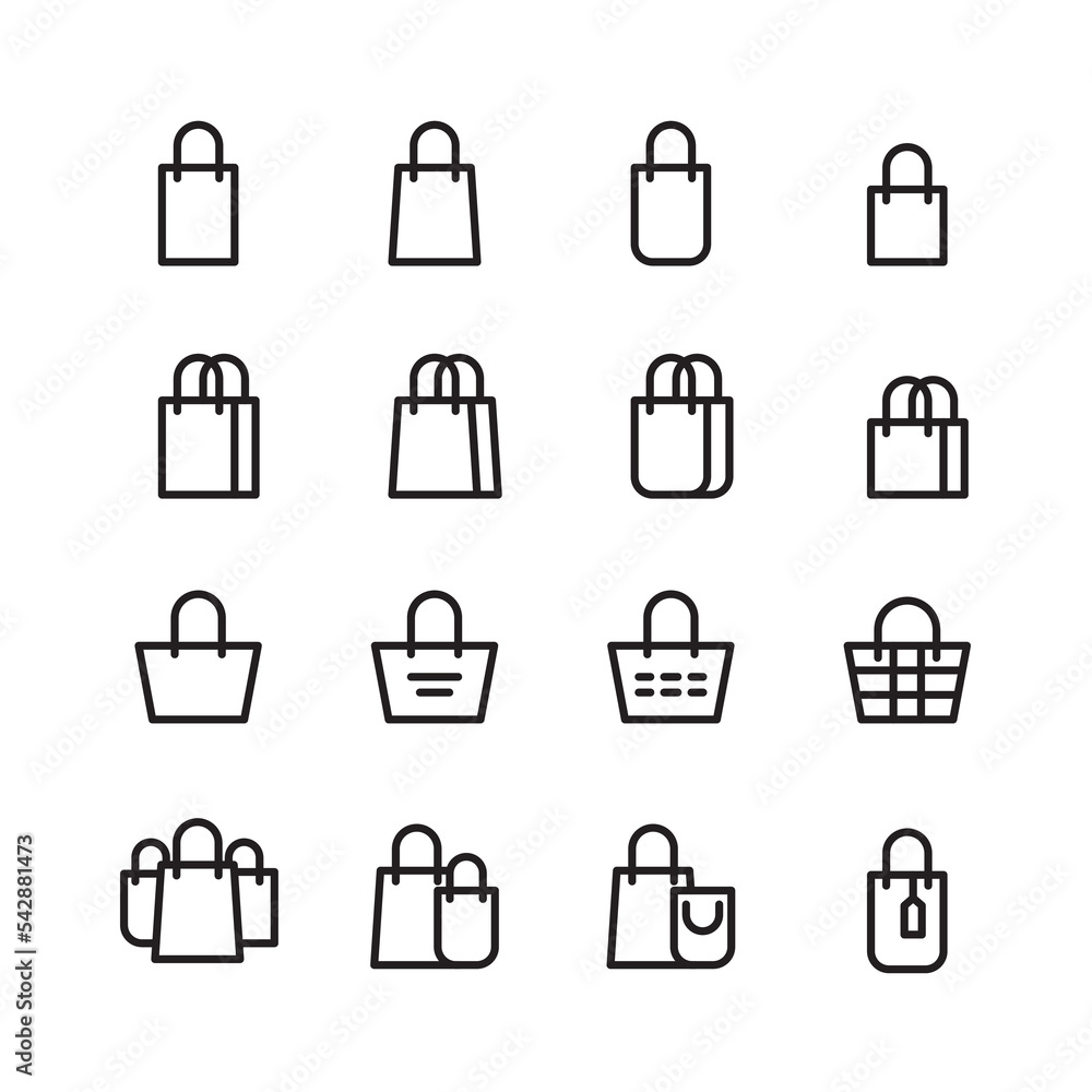 Bag icon set in thin line style. Shopping bag icon set. Collection of shopping bag icon. Vector and illustration.