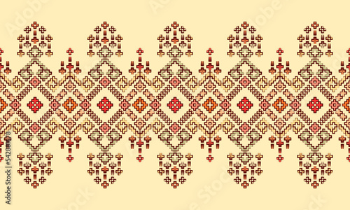 Embroidery Cross Stitch. Ethnic Patterns. Geometric Ethnic Indian pattern. Native Ethnic pattern. Cross Stitch Border. Texture Textile Fabric Clothing Knitwear print. Pixel Horizontal Seamless Vector.