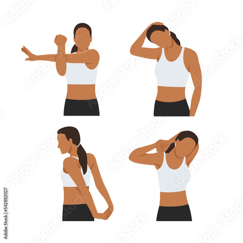 Woman stretching her neck, arms and shoulders. hand. Flat vector illustration isolated on white background
