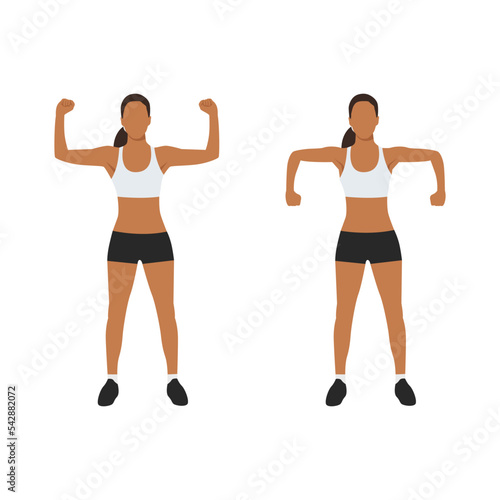 Woman doing doing exercise - scarecrow arms elbow shoulder rotations. Flat vector illustration isolated on white background