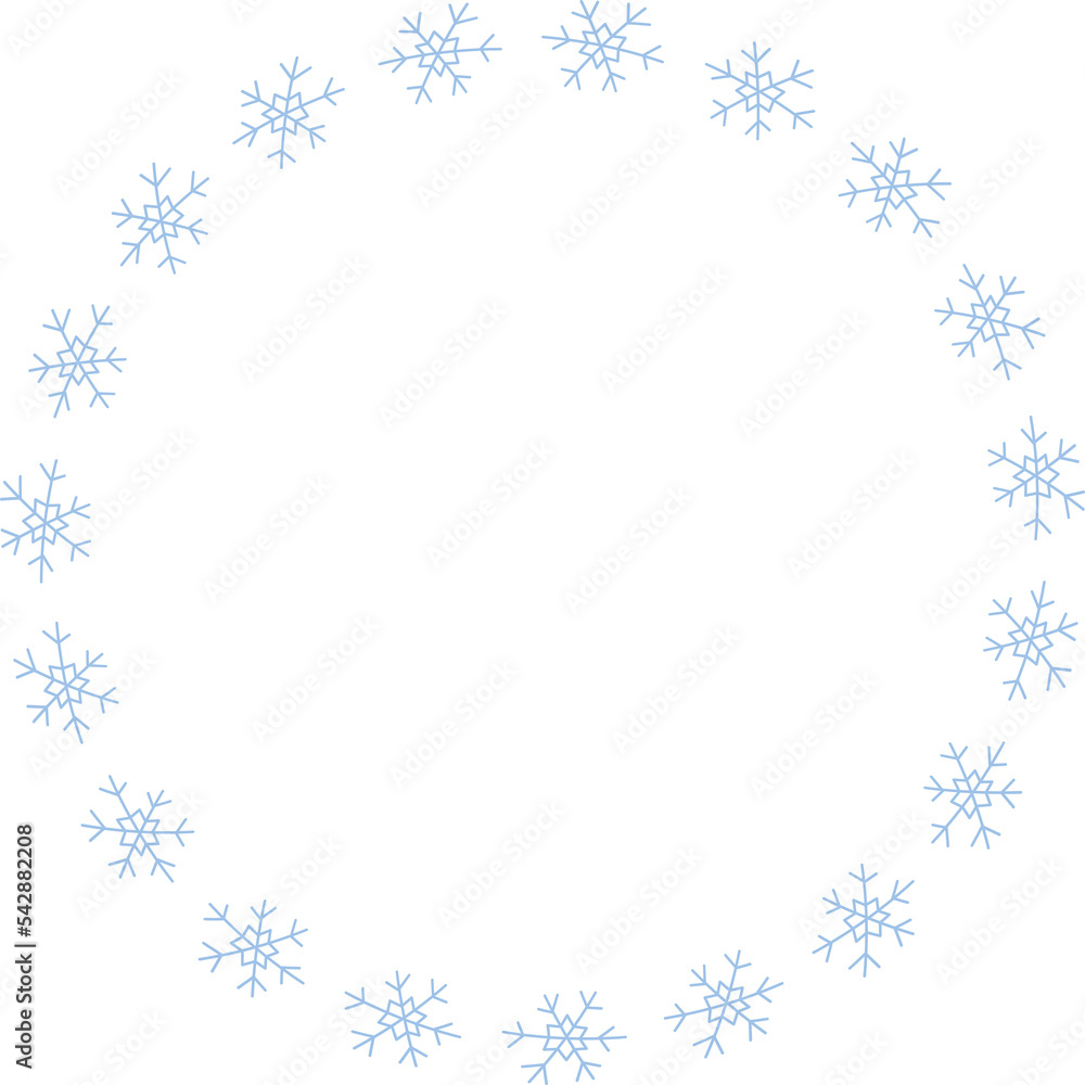 Blue snowflakes  round  frame on transparent background. Png.
