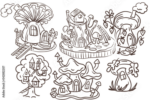 House pumpkin fabulous magical children's cartoon character forest mushrooms leaves hand drawn sketch doodle graphics separately antistress coloring pages fairy forest magic stories mushrooms