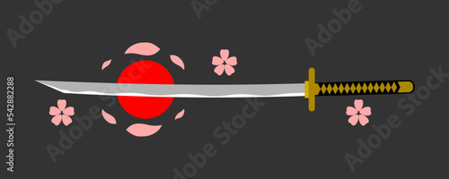 Katana sword samurai ronin weapon with pink sakura petal flower and red circle sun japanese style on black background flat vector icon design.