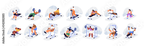 People exercising in gym set. Characters training on treadmills, cardio and weight workout machines, sport equipment with dumbbells, barbells. Flat vector illustrations isolated on white background