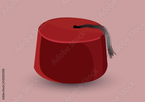 Cartoon red Turkish hat fez with black tassel. Isolated on white background. Vector icon.