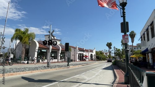 Railroad crossing on State Street in Santa Barbara, California, USA