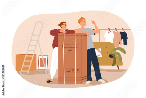 Happy couple moving to new home. Family during movement to house. Man and woman with cardboard box, property in apartment after relocation. Flat vector illustration isolated on white background