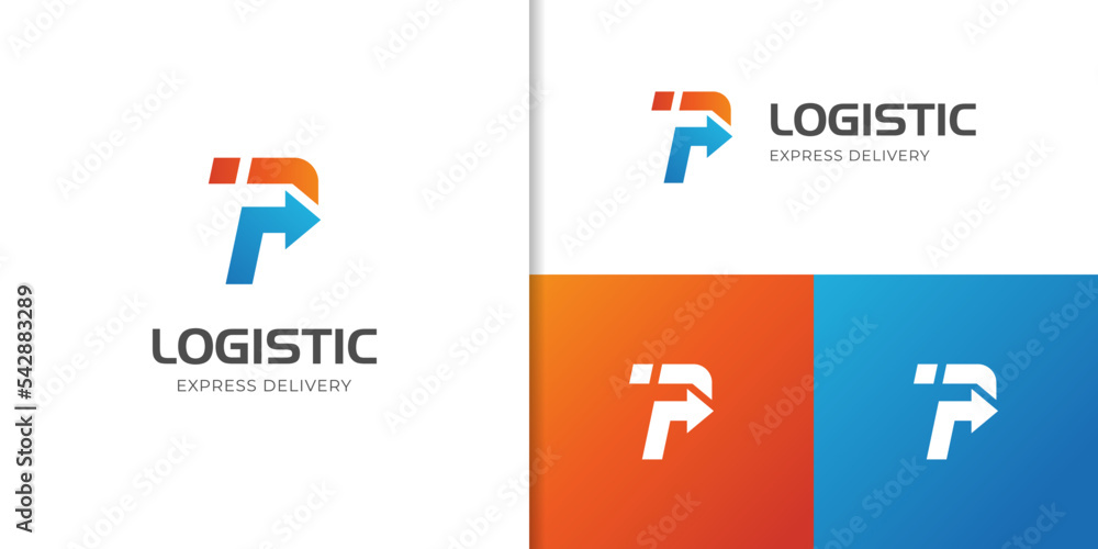 Letter P with arrow logo for your business. fast delivery logo. transport logistic logo template - obrazy, fototapety, plakaty 