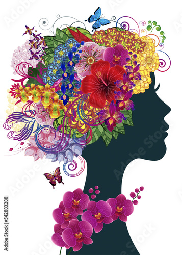 Beautiful young woman with tropicl flowers in heir hair. Illustration greeting card beauty and fashion.