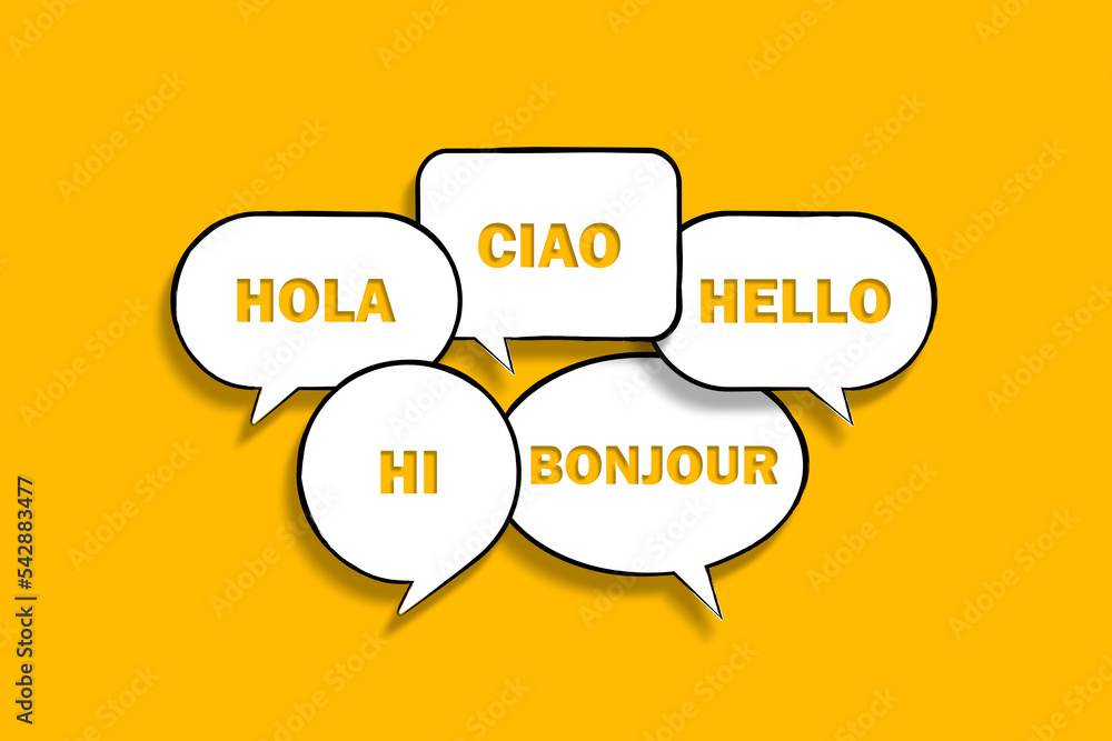 Hello in many different languages with speech bubbles - obrazy, fototapety, plakaty 