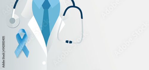Medical background with close up of male doctor with stethoscope and blue ribbon on the chest. Vector illustration