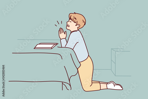 Small boy kneel in bedroom praying with hands join at home. Little child keep hands in prayer talking to God. Religion and faith. Vector illustration. 