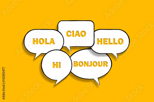 Hello in many different languages with speech bubbles photo