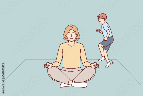 Calm young mom meditate at home with child playing near. Relaxed woman sit in lotus position practice yoga distracted from naughty kid. Vector illustration. 