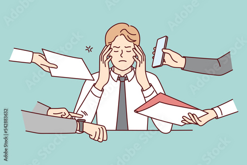 Annoyed businessman stressed with multiple hands giving papers and phones. Bothered male employee distressed with workload. Overwork. Vector illustration. 