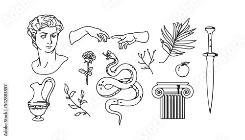 Renaissance - modern line design style. Creative modern classical Sculpture. T-Shirt Design, Printing, clothes, bags, posters, invitations, cards, leaflets etc. Vector illustration hand drawn.