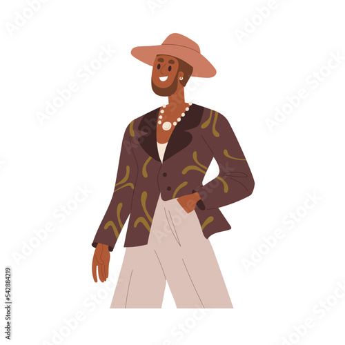 Young man wearing fashion apparel, hat. Stylish guy in trendy outfit, modern clothes, accessories. Happy smiling male with earrings, beads. Flat vector illustration isolated on white background