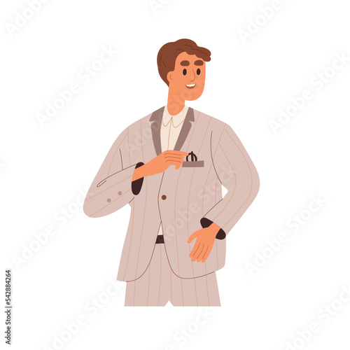 Happy man in suit, wearing formal clothes. Smiling friendly businessman, entrepreneur in official costume. Clerk, manager in stylish outfit. Flat vector illustration isolated on white background