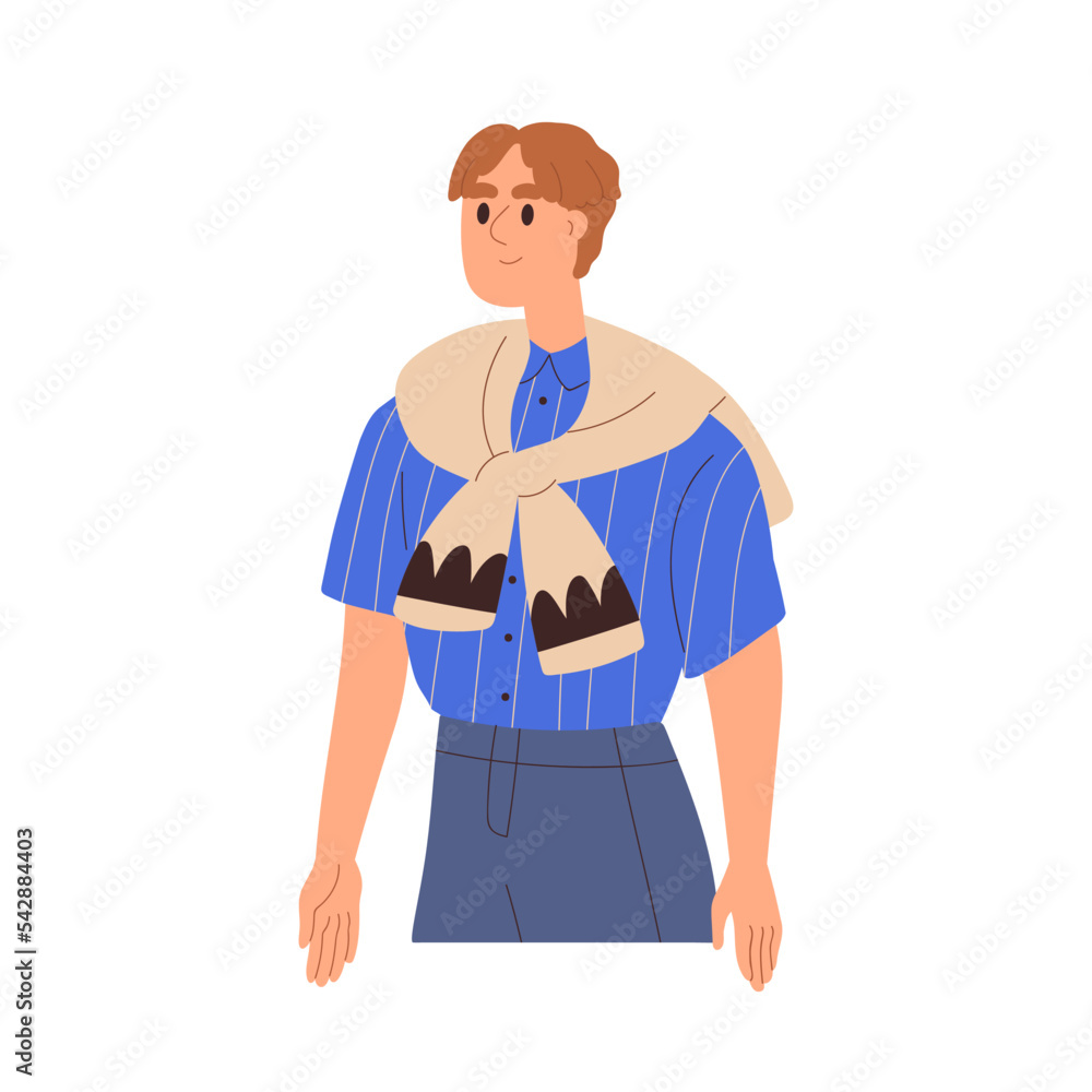 Man wearing casual clothes, tied sweater around shoulders and shirt. Modern smiling guy in apparel, fashion garment. Friendly male character. Flat vector illustration isolated on white background