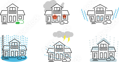 災害に遭う住宅のベクターイラストセット