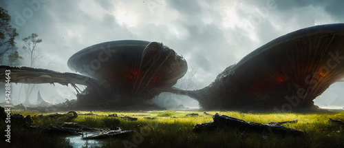 Artistic concept illustration of a crashed caucer, ufo, unknown object, background illustration.