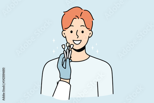Dentists hand with veneers comparing with client teeth in clinic. Concept of tooth prosthesis and dental care. Vector illustration. 
