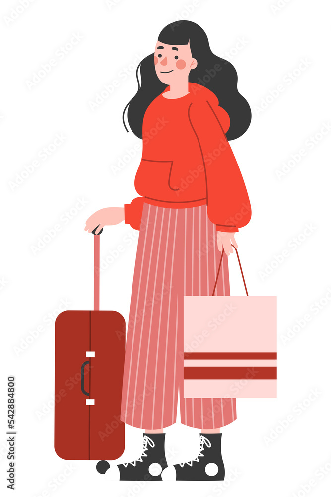 woman with shopping bags suitcase long hair