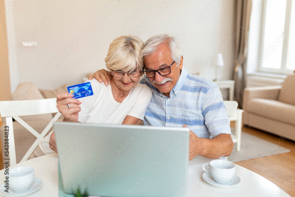 Senior Couple Using Laptop To Shop Online. Elderly couple paying bills online on laptop Senior Couple Using Laptop To Shop Online. Elderly couple paying bills online on laptop