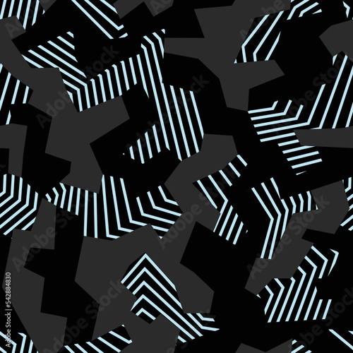 Fashionable geometric camouflage pattern. Seamless techno texture. Abstract black and light blue military or car decal camo background. Urban style print. Vector illustration
