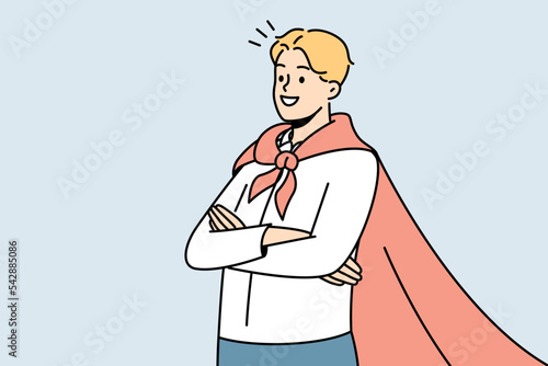 Smiling motivated man wearing superman coat satisfied with achievement or accomplishment. Happy successful businessman in superhero coat. Vector illustration. 