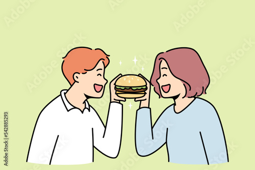 Smiling couple eating tasty hamburger together. Happy man and woman enjoy delicious burger. Fast food and restaurant chain. Vector illustration. 