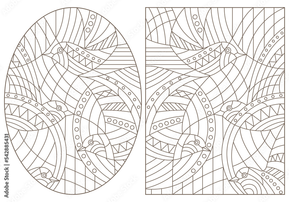 A set of contour illustrations in the style of stained glass with abstract birds, dark contours on a white background