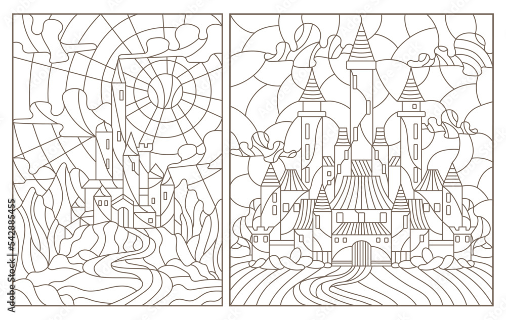 Set contour illustration of stained glass of landscapes with ancient castles, dark outlines on a white background Set contour illustration of stained glass of landscapes with ancient castles, dark outlines on a white background