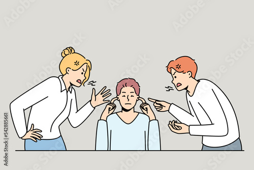 Man close ears ignore loud screaming colleagues shouting and lecturing. Calm ignorant male distracted from coworkers yelling. Stress free. Vector illustration. 