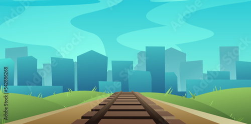 Railway track road to city on horizon. Path for train going into distance. Rails and sleepers. Cartoon fun style. Flat design. Vector.