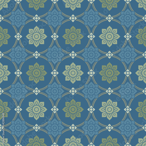 Pattern of contemporary Thai art. A circle surrounds a green blossom that is octagonal in shape. A blue background with dark brown lines. Vector illustration.
