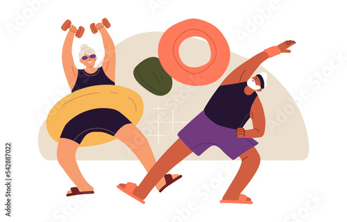 Old people exercising. Senior man and woman during sport activity, fitness. Elderly couple training together. Happy healthy aged characters. Flat vector illustration isolated on white background