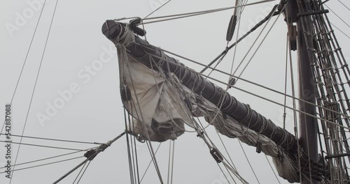 Ferdinand Magellan Nao Victoria carrack boat replica mast and sail detail shot in slow motion 60fps photo